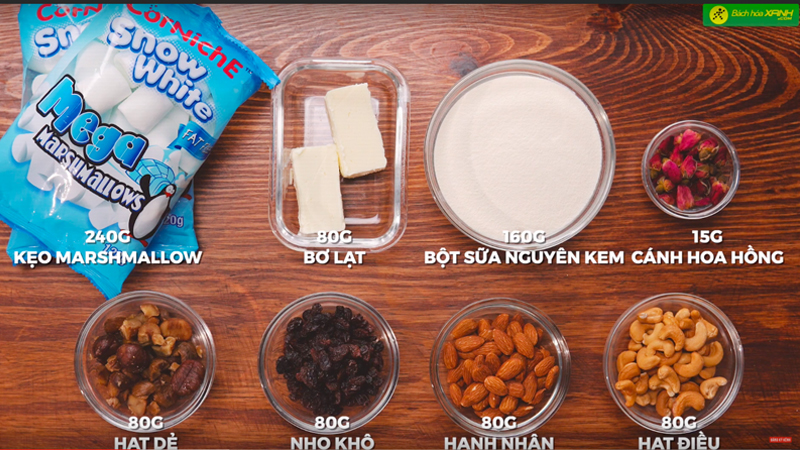 Chuẩn bị nguyên liệu làm kẹo Nougat bằng Marshmallow