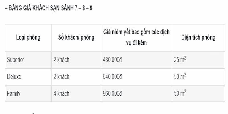Bảng giá thuê phòng tại sảnh 7-8-9 tại khách sạn Đại Nam